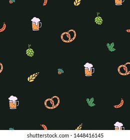 Vector illustration of crafted beer, delicious munich sausages and pretzel . Seamless pattern for fabric, textile, wallpaper, print background for oktoberfest, beer festivals and pubs or cafes.