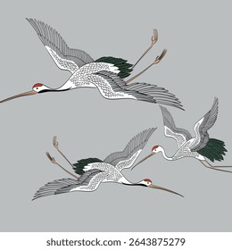 Ilustração vetorial da decoração de um pássaro de guindaste em voo.