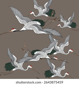 Vector illustration of a crane bird decoration in flight.