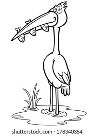 Vector Illustration of Crane Bird eating fish - Coloring book