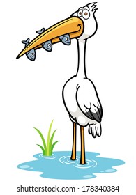 Vector Illustration Of Crane Bird Eating Fish 