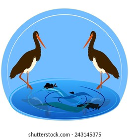 Vector illustration of crane bird with fish