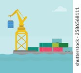 Vector illustration of crane container handler in a port in cartoon flat style. Logistics transportationt container with industrial crane import and export in shipping cargo harbor yard.