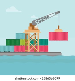 Vector illustration of crane container handler in a port in cartoon flat style. Logistics transportationt container with industrial crane import and export in shipping cargo harbor yard.