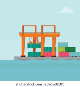 Vector illustration of crane container handler in a port in cartoon flat style. Logistics transportationt container with industrial crane import and export in shipping cargo harbor yard.