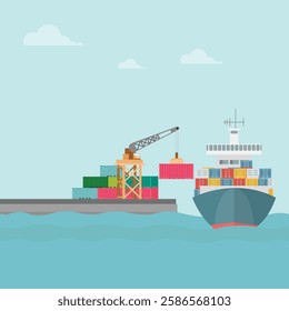 Vector illustration of crane container handler in a port in cartoon flat style. Logistics transportationt container with industrial crane import and export in shipping cargo harbor yard.