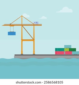 Vector illustration of crane container handler in a port in cartoon flat style. Logistics transportationt container with industrial crane import and export in shipping cargo harbor yard.