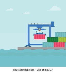 Vector illustration of crane container handler in a port in cartoon flat style. Logistics transportationt container with industrial crane import and export in shipping cargo harbor yard.