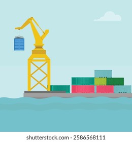 Vector illustration of crane container handler in a port in cartoon flat style. Logistics transportationt container with industrial crane import and export in shipping cargo harbor yard.