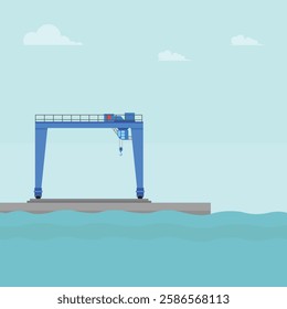 Vector illustration of crane container handler in a port in cartoon flat style. Logistics transportationt container with industrial crane import and export in shipping cargo harbor yard.