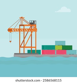 Vector illustration of crane container handler in a port in cartoon flat style. Logistics transportationt container with industrial crane import and export in shipping cargo harbor yard.