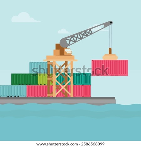 Vector illustration of crane container handler in a port in cartoon flat style. Logistics transportationt container with industrial crane import and export in shipping cargo harbor yard.