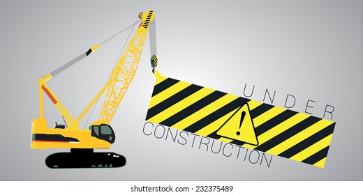 Vector illustration of a crane lifting a heavy load with under construction message and warning sign