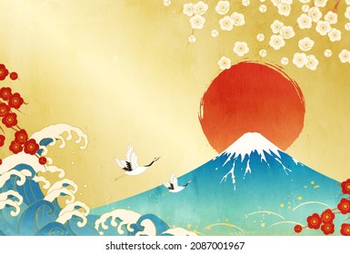 Vector illustration of crane, Mt. Fuji and first sunrise

translation: Fuji (Fuji is the name of a mountain in Japan.) 