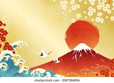 Vector illustration of crane, Mt. Fuji and first sunrise

translation: Fuji (Fuji is the name of a mountain in Japan.) 