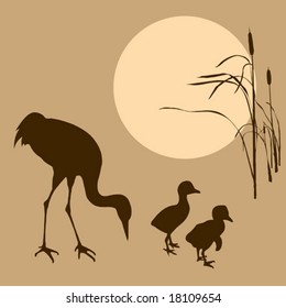 vector illustration of the crane with nestling on background sun