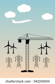 Vector illustration  crane tower, windmill, Power tower and plane outline drawings. flat icon. 