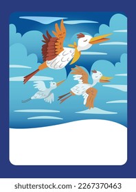 Vector illustration of cranes flying in the sky. It can be used as a playing card, for children's development and learning.