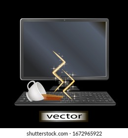 Vector illustration of crash computer broke, spilled tea on the keyboard the damage to the equipment in need of repair