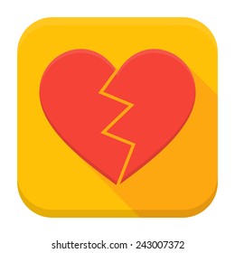 Vector illustration of crashed heart. Flat app square icon with long shadow.