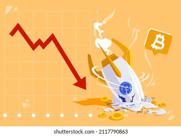 vector illustration of a crashed rocket, the concept of a drop in the value of a cryptocurrency with a red down arrow on the graph