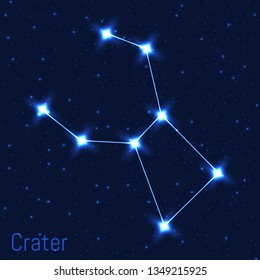 Vector illustration of Crater constellation. Astronomical Cup. Cluster of realistic stars in the dark blue starry sky.