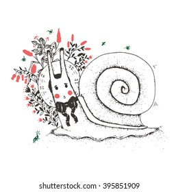 Vector illustration of crawling snail with big bow tie and straw hat.