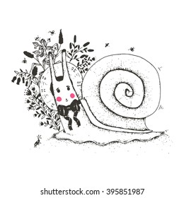 Vector illustration of crawling snail with big bow tie and straw hat.