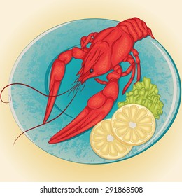 Vector illustration of crayfish on a plate with slices of lemon and green salad