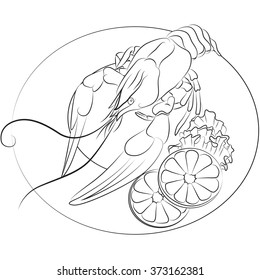 Vector illustration of crayfish on a plate with slices of lemon and salad outline
