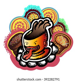Vector illustration of a crazy cup background with sweets and cakes