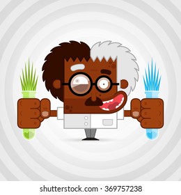 Vector illustration. Crazy funny scientist in white coat holding two flasks with flammable liquid. Spiral background. Creative and modern character for advertising, poster, banner, web and flyer.