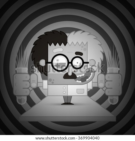Vector illustration. Crazy funny scientist in black and white retro cinema style with spiral background. Creative and modern character for advertising, poster, banner, web and flyer.