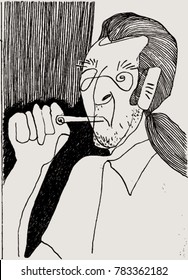 Vector illustration of crazy man smoking. Doodle, cartoon, long haired person. Black & White.