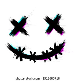 Vector Illustration Crazy Scary Brush Stroke Smile With 3D Tech Glitch Effect