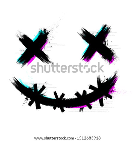 Vector Illustration Crazy Scary Brush Stroke Smile With 3D Tech Glitch Effect