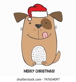 Vector illustration of crazy smiling sitting dog wIth brown spot on the left eye, red hat, tongue out. Sketch hand drawn picture. Funny toy puppy. Can be used as card, poster, merry Christmas 2018