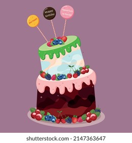 vector illustration of a cream birthday cake decorated with lollipops and garden berries