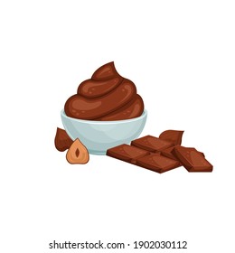 Vector illustration of a cream bowl with chocolate paste, nuts and chocolate. Sweet snack. Chocolate-nut paste.