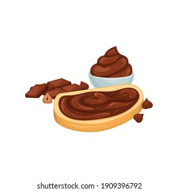 Vector illustration of a cream bowl with chocolate paste, a sandwich with chocolate paste, nuts and chocolate. Sweet snack. Chocolate-nut paste.