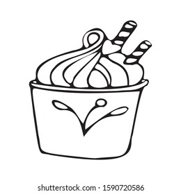Vector illustration of cream dessert. Black outlines isolated on white background. Doodle style. Design for greeting cards, gifts, wrapping paper etc.