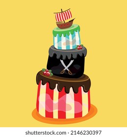 vector illustration of a cream pirate cake with a boat on the upper tier