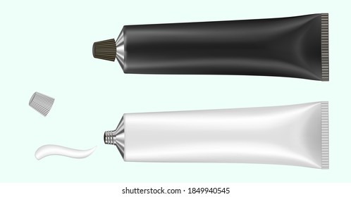 Vector illustration of cream or toothpaste tube. Ointment. Salve. Glue tube. Oil paint. Black and white tubes. Smear