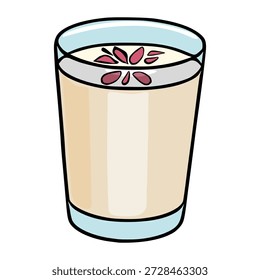 Una Ilustración vectorial de una bebida cremosa en un vaso transparente, adornado con pétalos rosados estilizados.