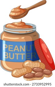 Ilustração vetorial de manteiga de amendoim cremosa em um frasco de vidro com nozes no fundo branco