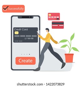 vector illustration, create credit card online, make an easy credit account, mobile app, flat.