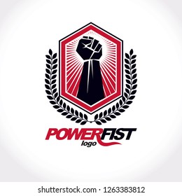 Vector illustration created with clenched fist of a strong man and laurel wreath. Boxing club abstract emblem.