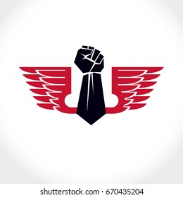 Vector illustration created with clenched fist of a strong man and bird wings. No limits and restrictions conceptual emblem.