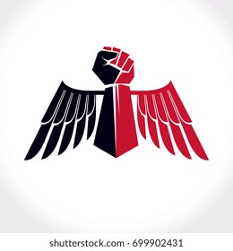 Vector illustration created with clenched fist of a strong man and bird wings. No limits and restrictions conceptual emblem.