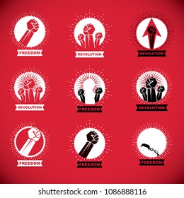 Vector illustration created with clenched fists of a strong man. People demonstration, fighting for their rights and freedom.